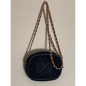 Ann Taylor Y2K Vintage Black Suede Leather Chain Strap Crest Crossbody Bag